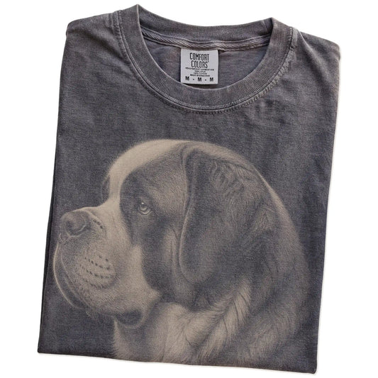 Folded Pepper Comfort Colors® T-shirt showing a detailed photographic portrait of a St Bernard