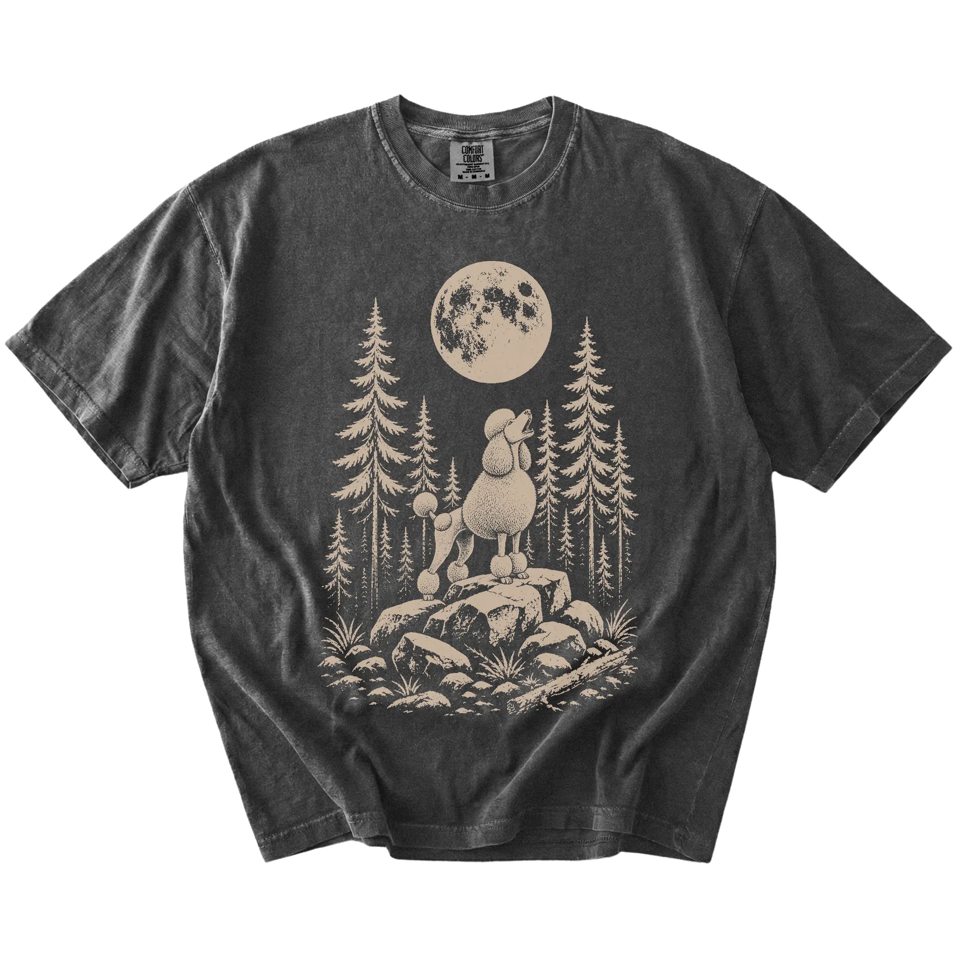Standard Poodle howling beneath the moon and pine trees on a Pepper Comfort Colors® T-shirt