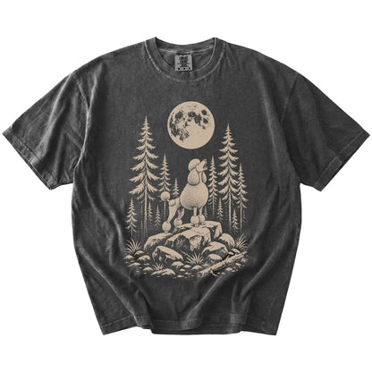 Standard Poodle howling beneath the moon and pine trees on a Pepper Comfort Colors® T-shirt