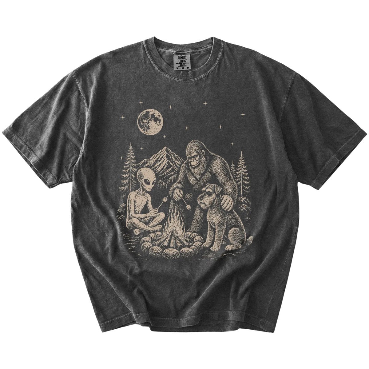 Standard Schnauzer camping with Bigfoot and an alien on a Pepper Comfort Colors® T-shirt