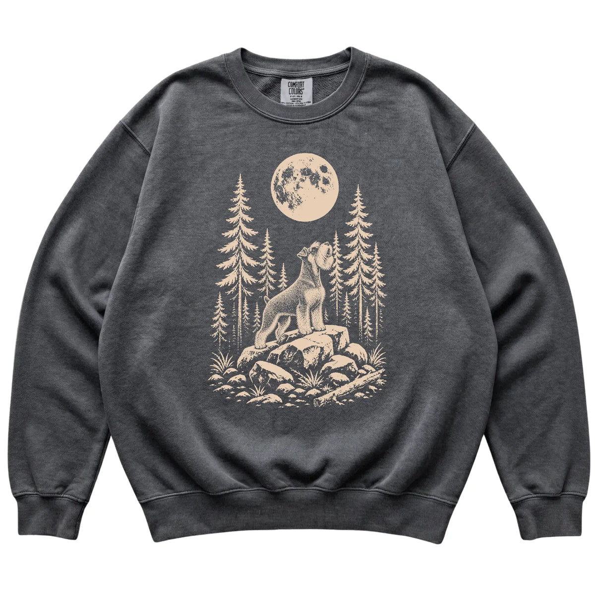 Close view of Standard Schnauzer Howling at the Moon artwork on Pepper Comfort Colors sweatshirt