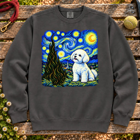 Colorful Bichon Frise beneath a swirling starry night sky on a Pepper sweatshirt