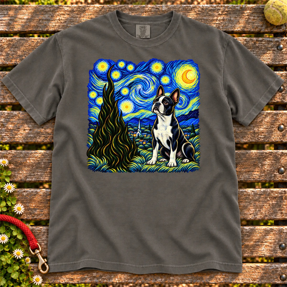Colorful Boston Terrier beneath a swirling starry night sky on a Pepper T-shirt