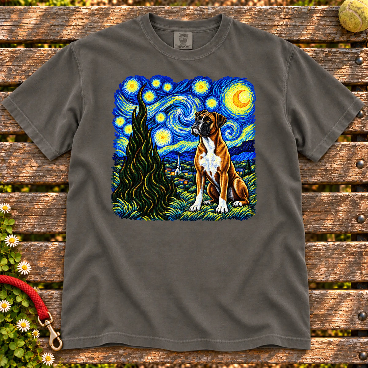 Colorful Boxer beneath a swirling starry night sky on a Pepper T-shirt