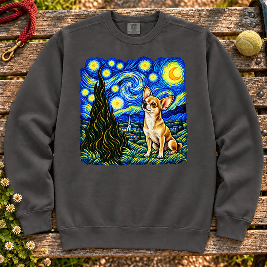 Colorful Chihuahua beneath a swirling starry night sky on a Pepper sweatshirt