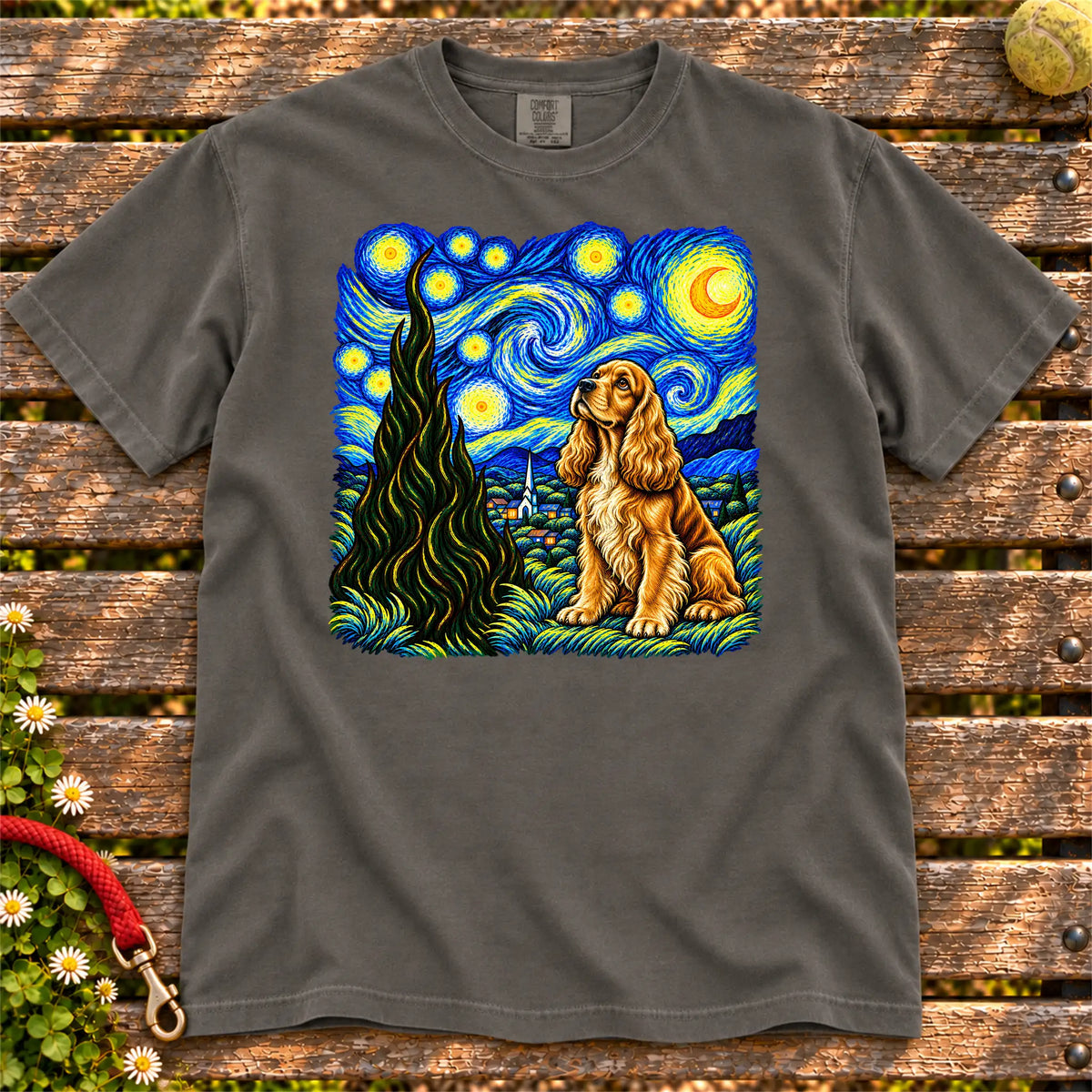 Colorful Cocker Spaniel beneath a swirling starry night sky on a Pepper T-shirt