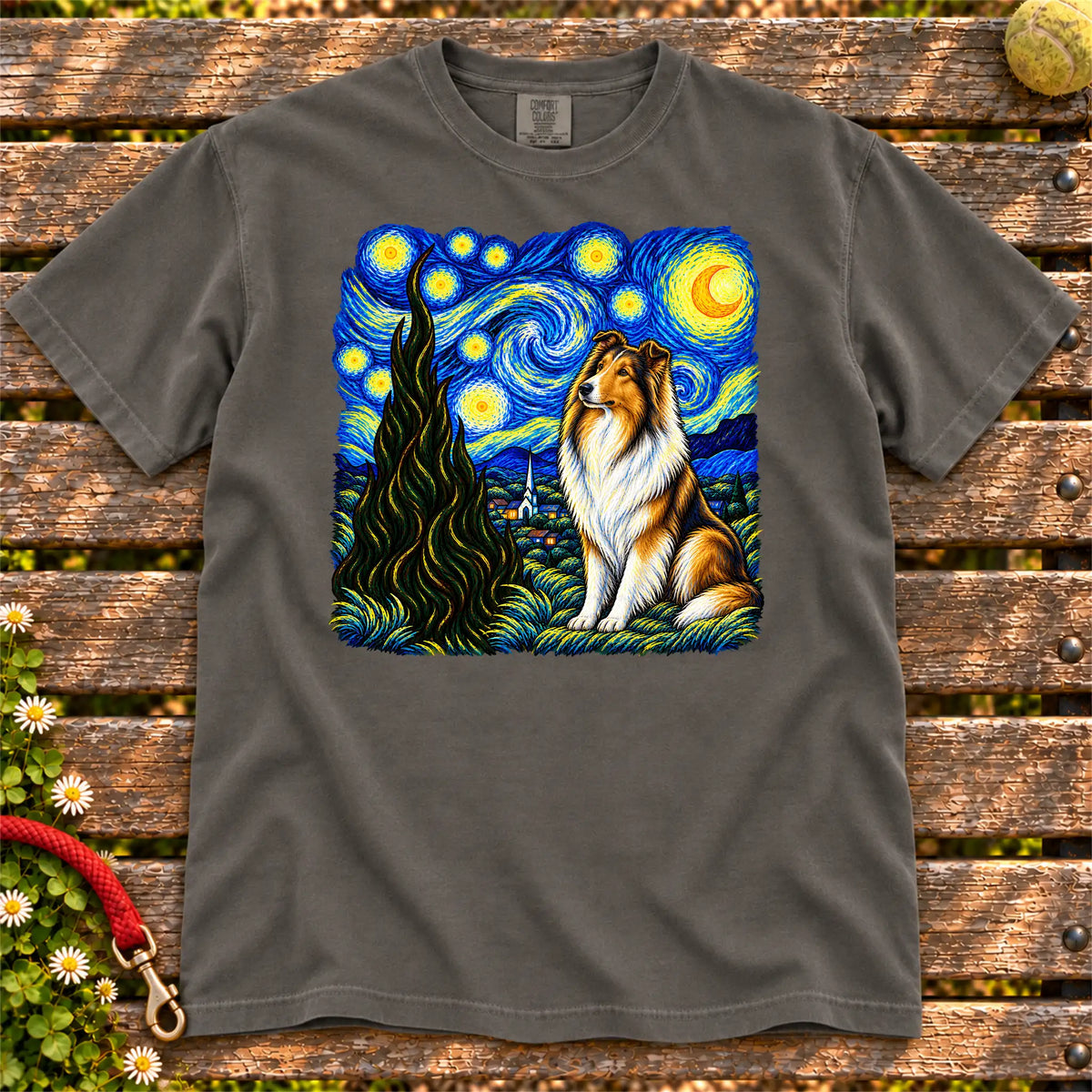 Colorful Collie beneath a swirling starry night sky on a Pepper T-shirt