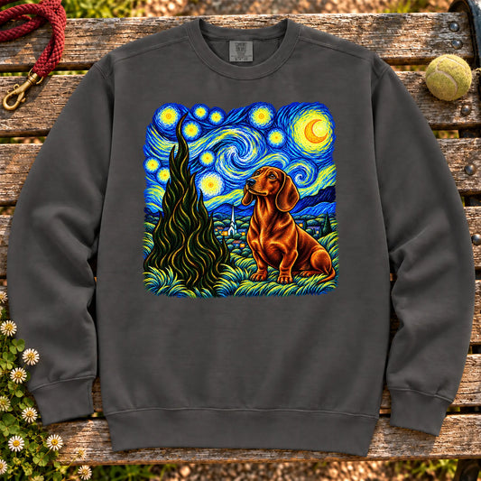 Colorful Dachshund beneath a swirling starry night sky on a Pepper sweatshirt