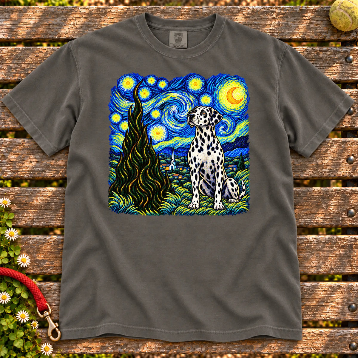 Colorful Dalmatian beneath a swirling starry night sky on a Pepper T-shirt