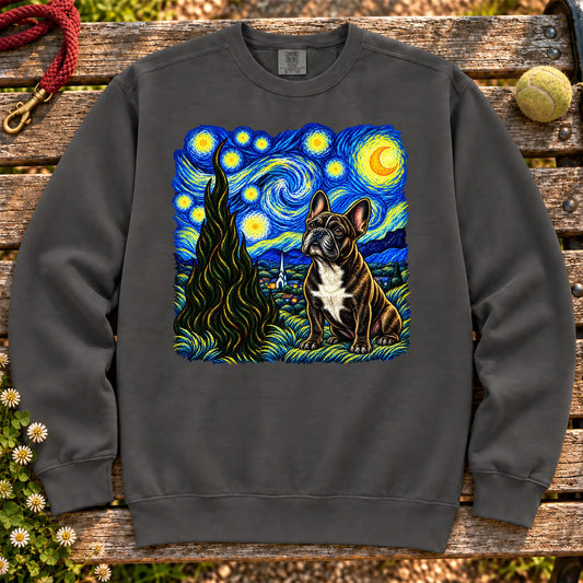 Colorful French Bulldog beneath a swirling starry night sky on a Pepper sweatshirt