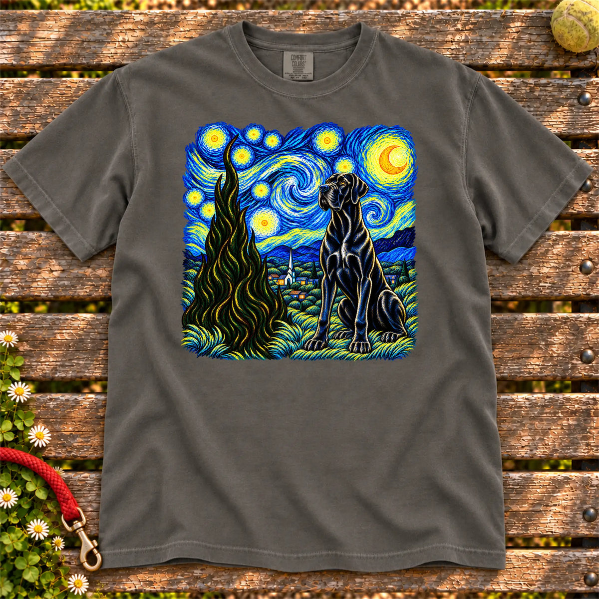 Colorful Great Dane beneath a swirling starry night sky on a Pepper T-shirt