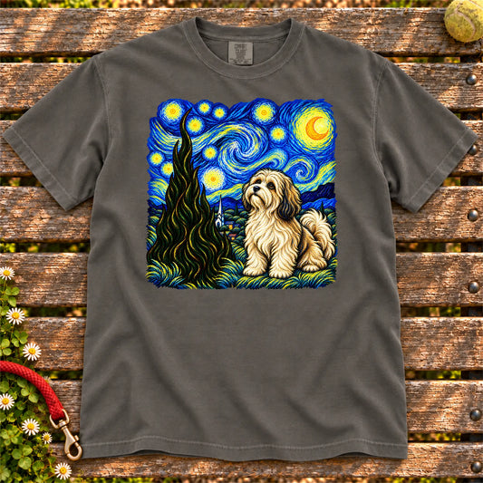 Colorful Havanese beneath a swirling starry night sky on a Pepper T-shirt