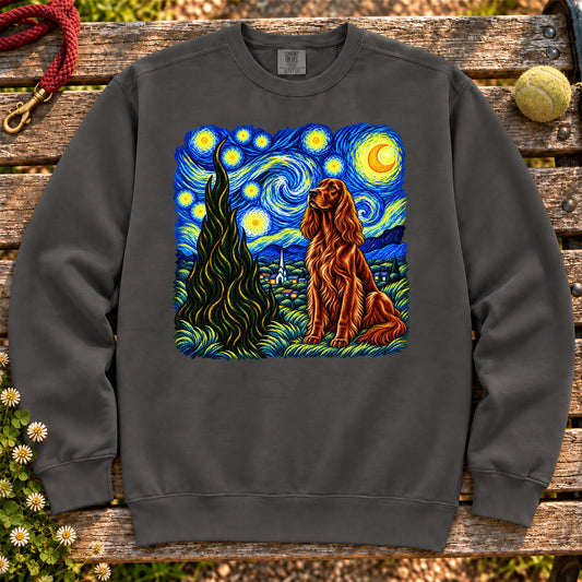 Colorful Irish Setter beneath a swirling starry night sky on a Pepper sweatshirt
