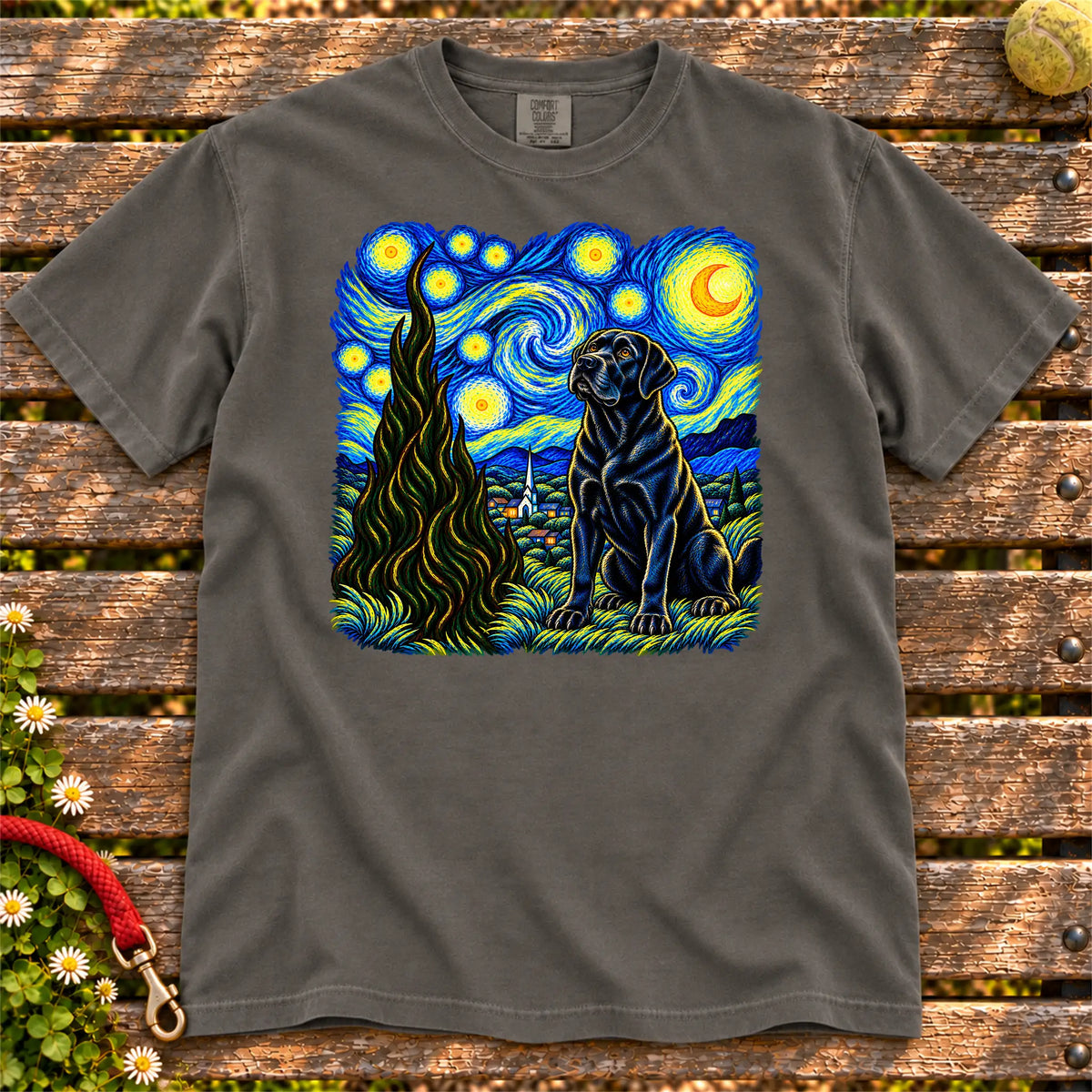 Colorful Labrador Retriever beneath a swirling starry night sky on a Pepper T-shirt