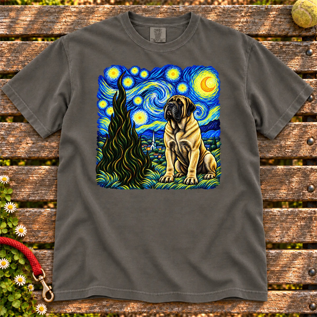 Colorful Mastiff beneath a swirling starry night sky on a Pepper T-shirt
