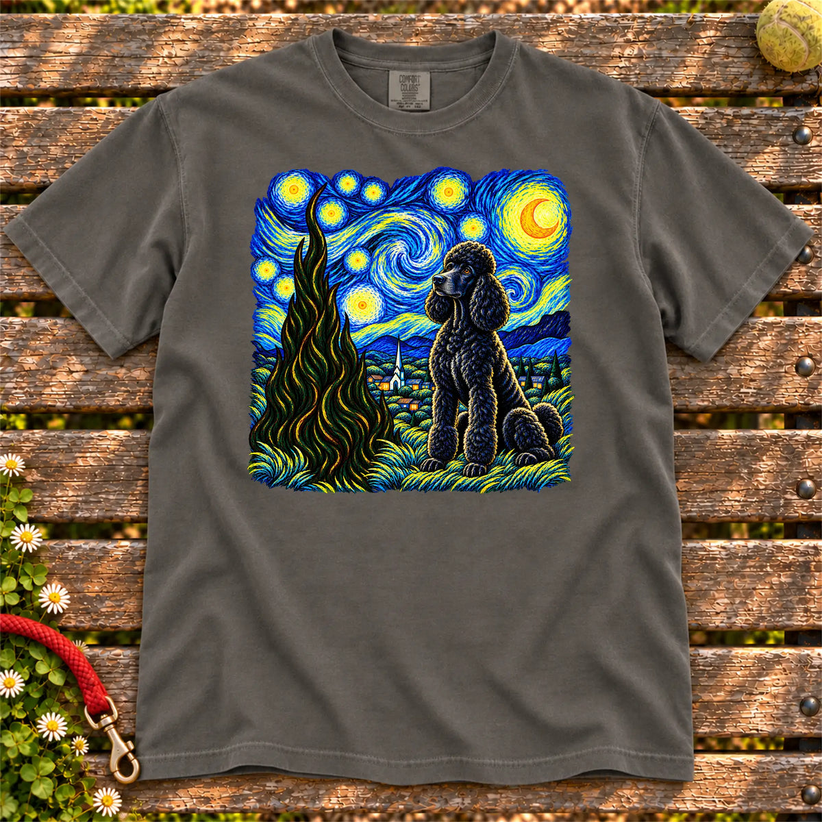 Colorful Poodle beneath a swirling starry night sky on a Pepper T-shirt