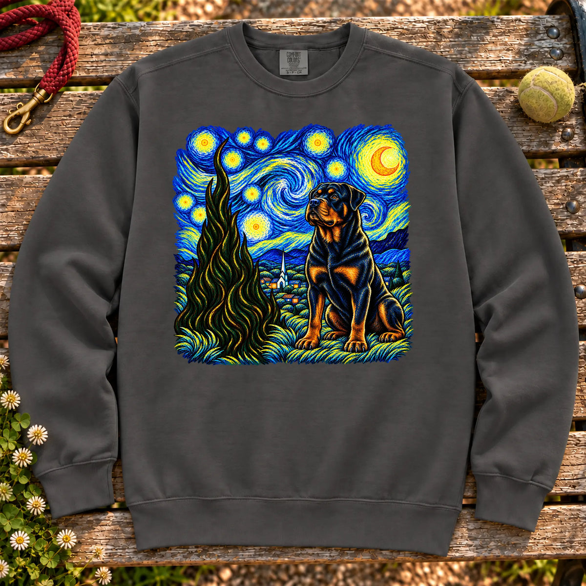 Colorful Rottweiler beneath a swirling starry night sky on a Pepper sweatshirt