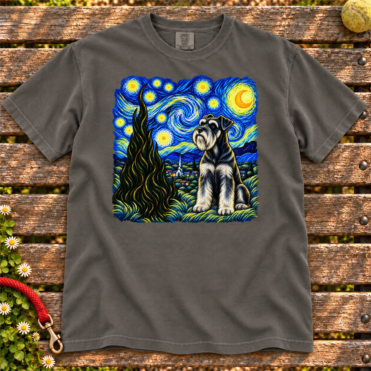 Colorful Schnauzer beneath a swirling starry night sky on a Pepper T-shirt