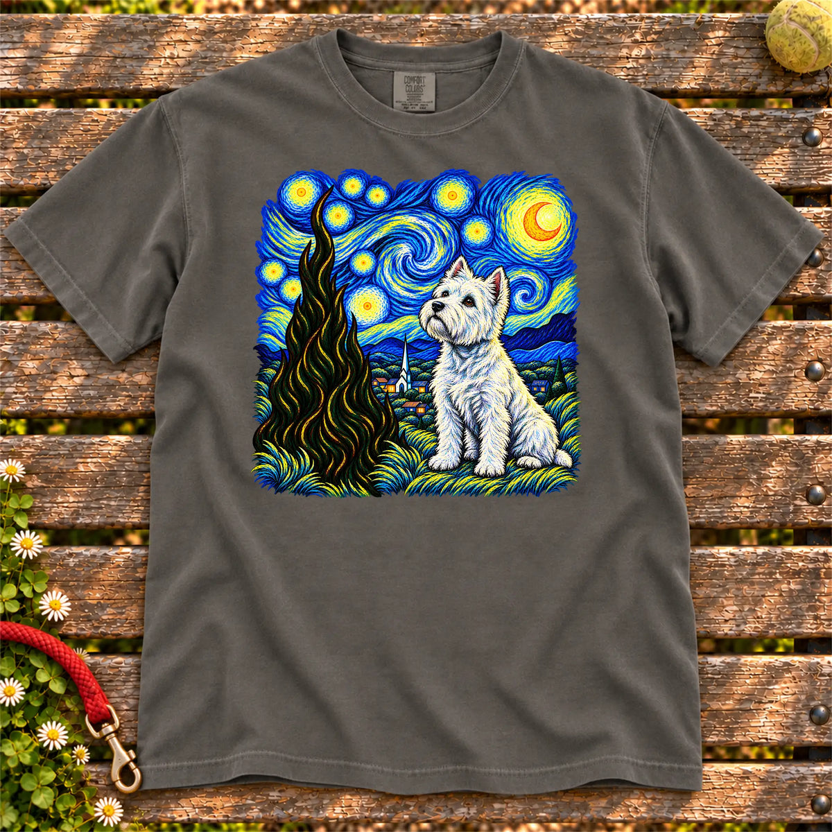 Colorful Westie beneath a swirling starry night sky on a Pepper T-shirt