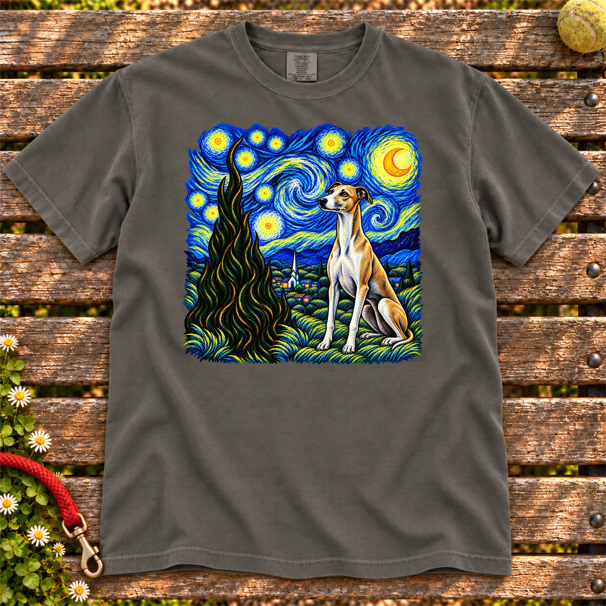 Colorful Whippet beneath a swirling starry night sky on a Pepper T-shirt
