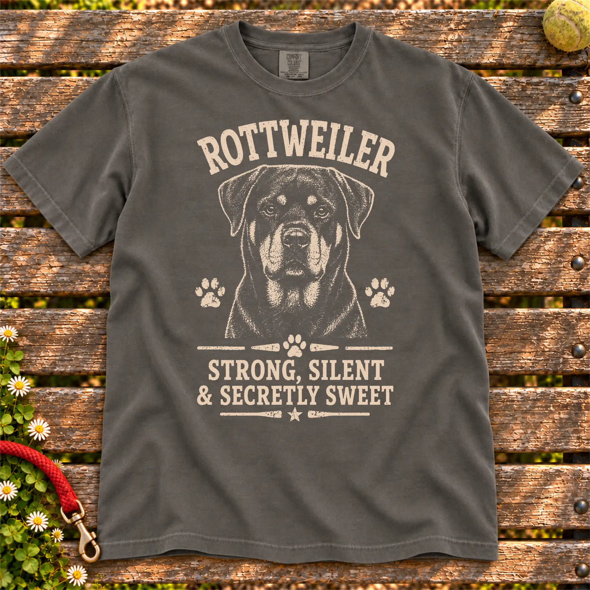 Rottweiler design with “Strong, Silent & Secretly Sweet” lettering on a Pepper Comfort Colors® T-shirt