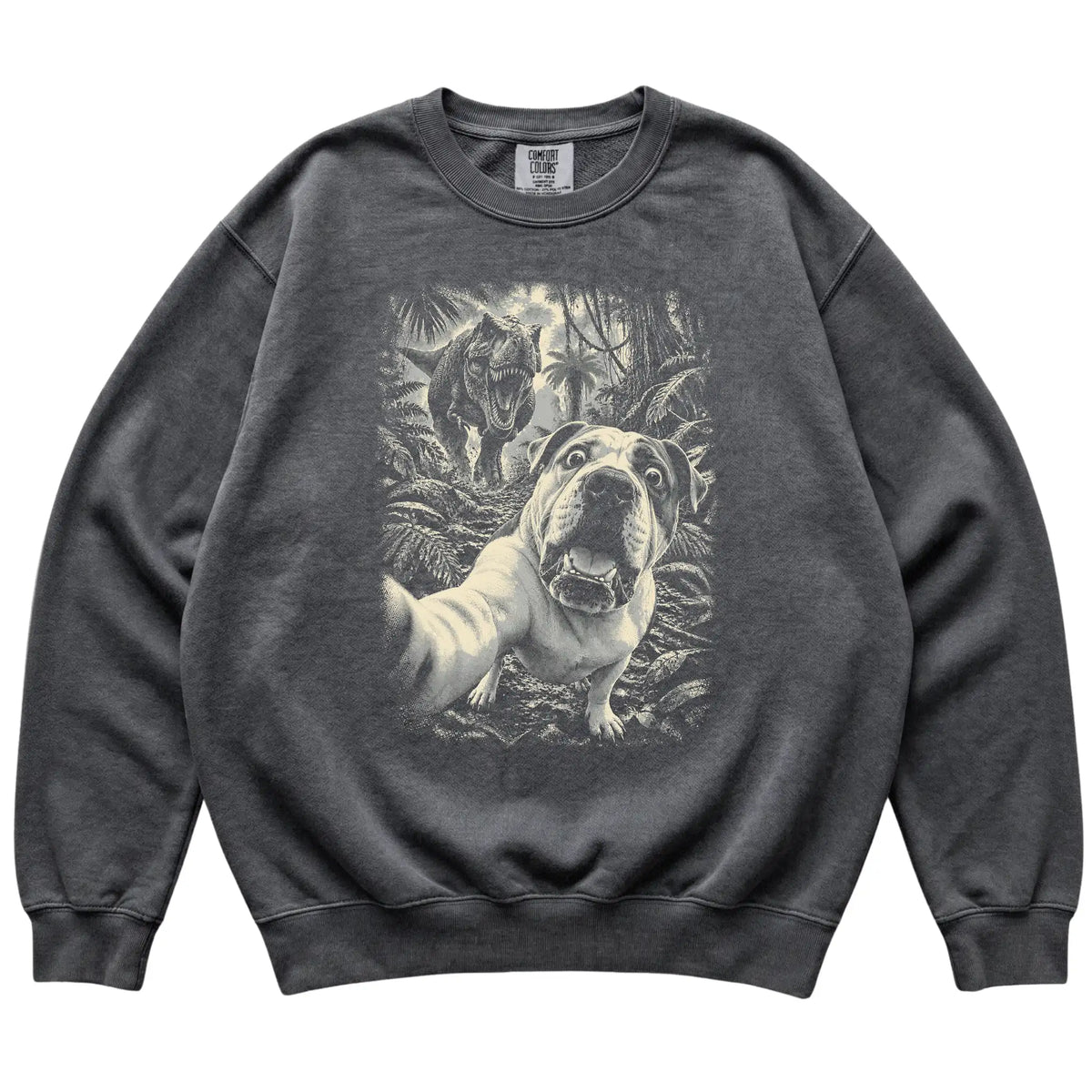 T-Rex Selfie American Bulldog Comfort Colors 1566 Sweatshirt in Pepper, flat lay
