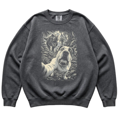 T-Rex Selfie American Bulldog Comfort Colors 1566 Sweatshirt in Pepper, flat lay