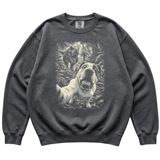 T-Rex Selfie American Bulldog Comfort Colors 1566 Sweatshirt in Pepper, flat lay