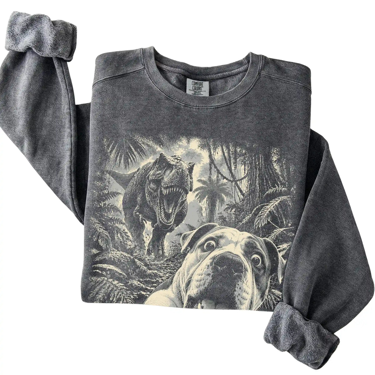T-Rex Selfie American Bulldog Comfort Colors 1566 Sweatshirt in Pepper, folded detail