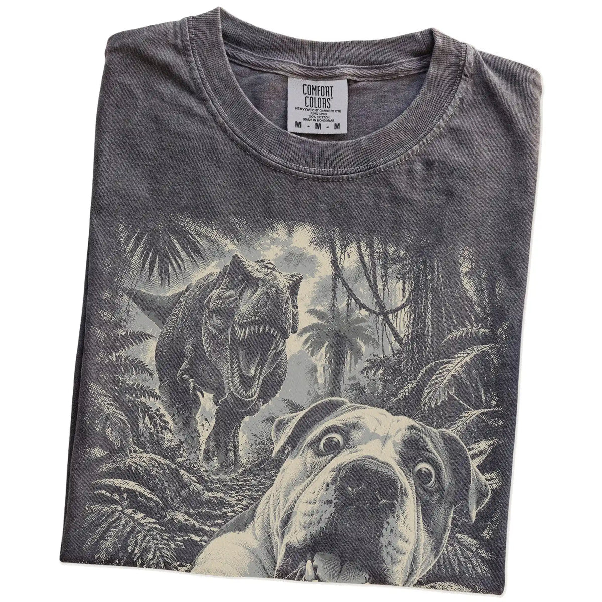 T-Rex Selfie American Bulldog Comfort Colors 1717 T-Shirt in Pepper, folded detail