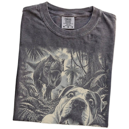 T-Rex Selfie American Bulldog Comfort Colors 1717 T-Shirt in Pepper, folded detail