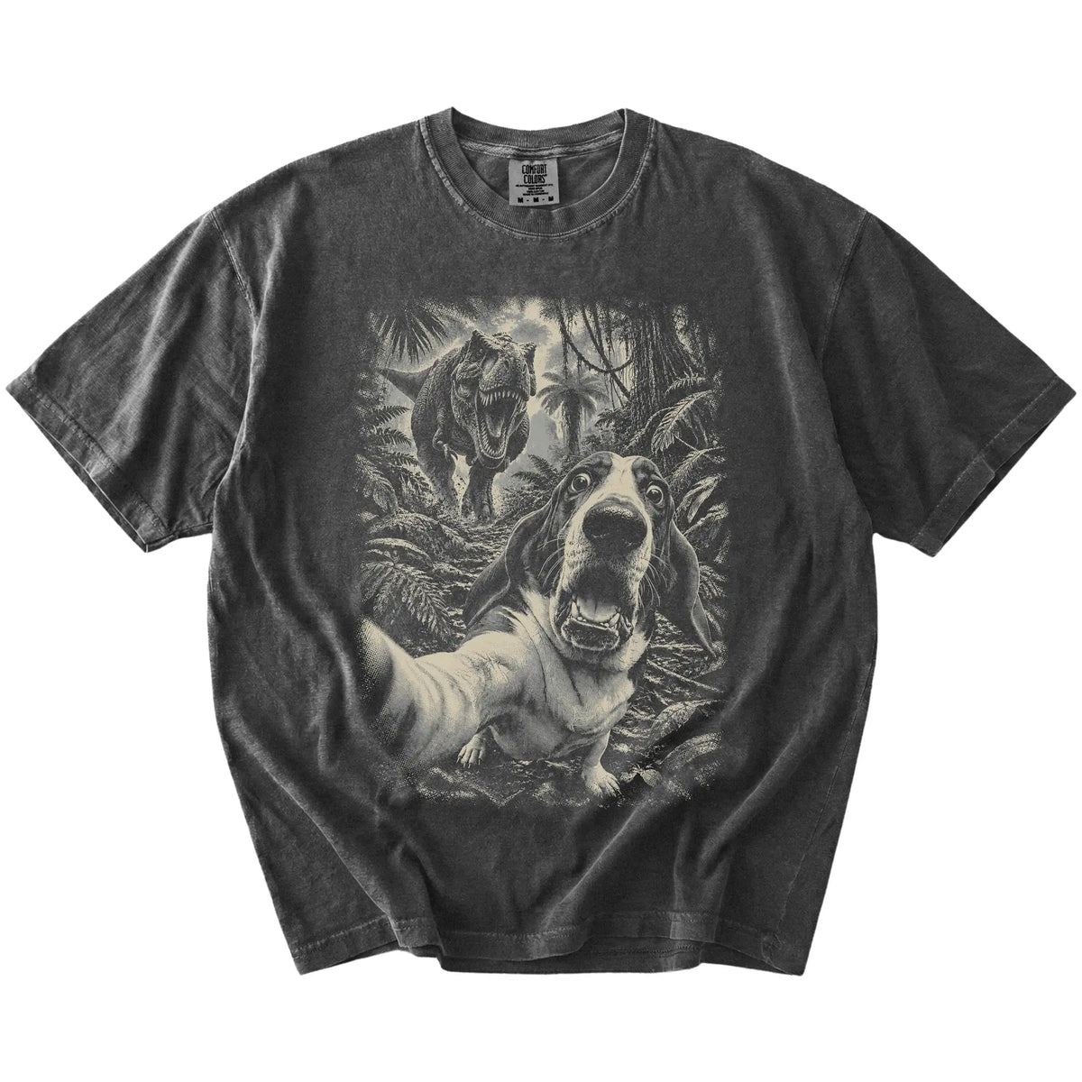T-Rex Selfie Basset Hound Comfort Colors 1717 T-Shirt in Pepper, flat lay