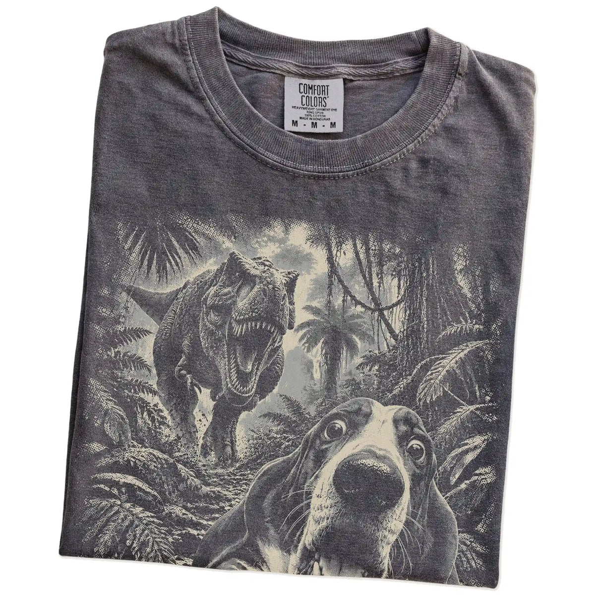 T-Rex Selfie Basset Hound Comfort Colors 1717 T-Shirt in Pepper, folded detail
