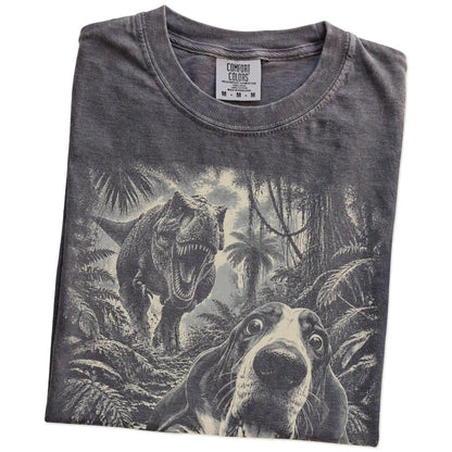 T-Rex Selfie Basset Hound Comfort Colors 1717 T-Shirt in Pepper, folded detail