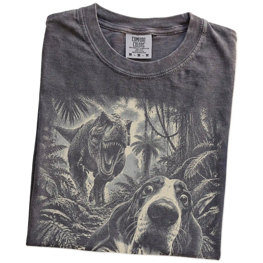 T-Rex Selfie Basset Hound Comfort Colors 1717 T-Shirt in Pepper, folded detail