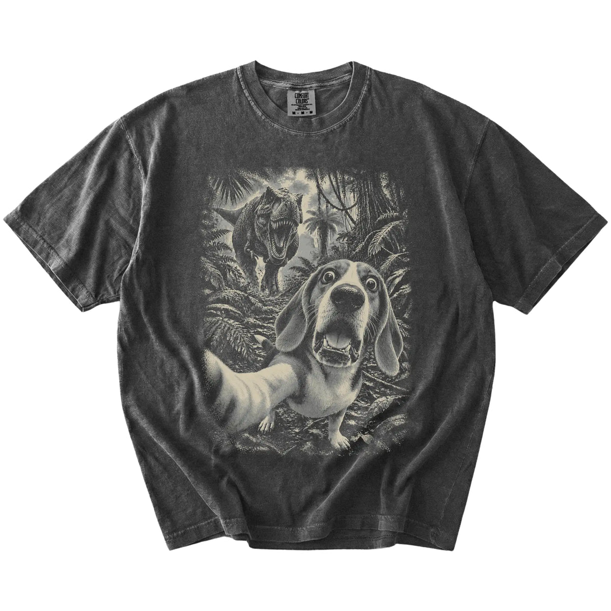 T-Rex Selfie Beagle Comfort Colors 1717 T-Shirt in Pepper, flat lay
