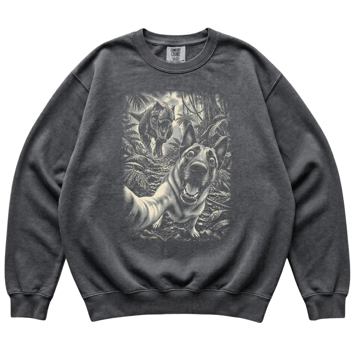 T-Rex Selfie Belgian Malinois Comfort Colors 1566 Sweatshirt in Pepper, flat lay