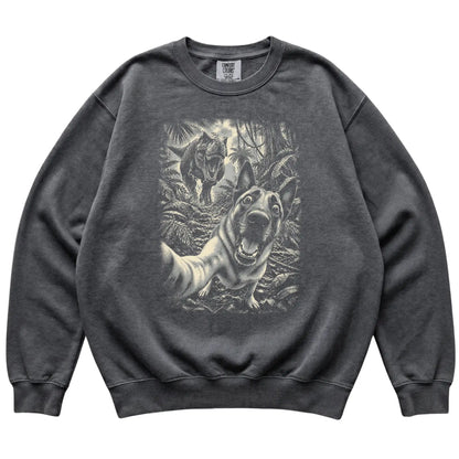 T-Rex Selfie Belgian Malinois Comfort Colors 1566 Sweatshirt in Pepper, flat lay