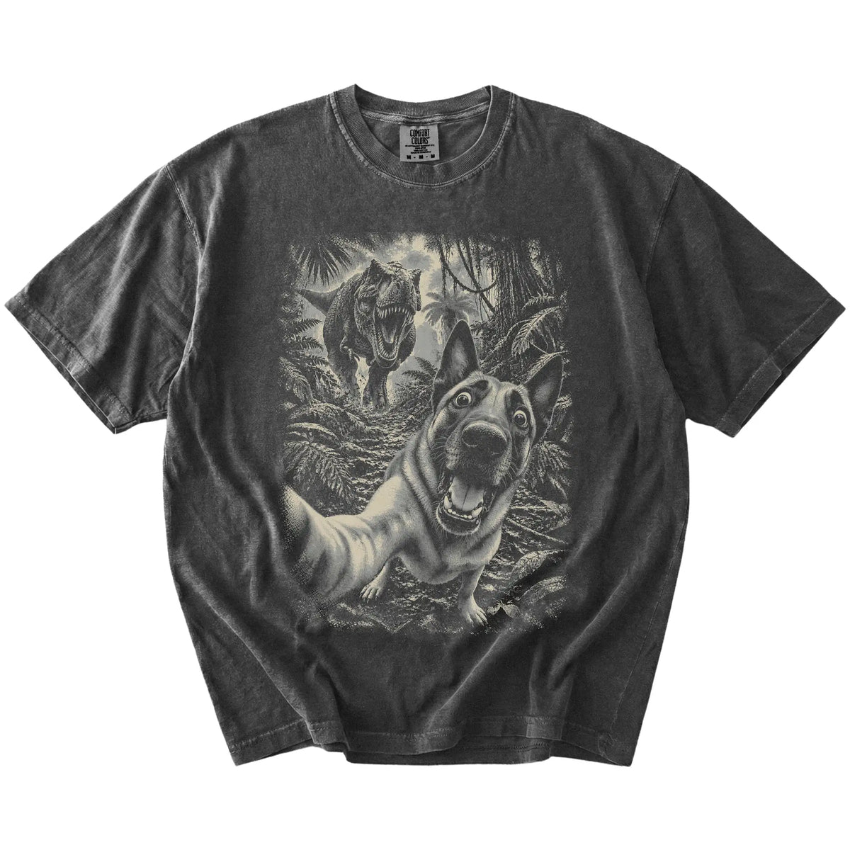 T-Rex Selfie Belgian Malinois Comfort Colors 1717 T-Shirt in Pepper, flat lay