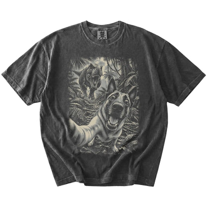 T-Rex Selfie Belgian Malinois Comfort Colors 1717 T-Shirt in Pepper, flat lay
