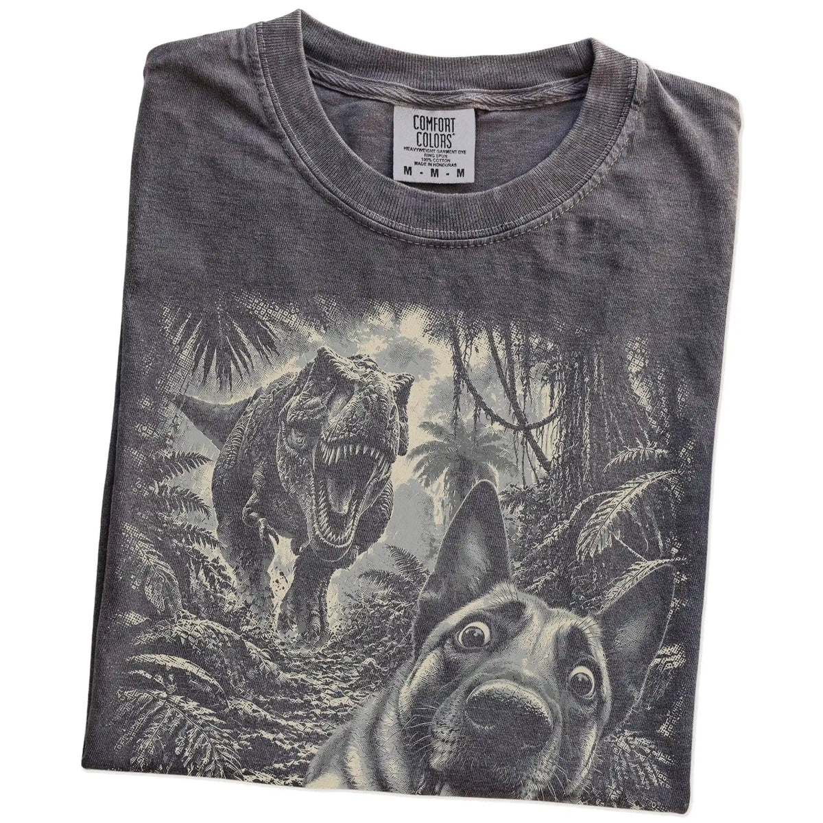 T-Rex Selfie Belgian Malinois Comfort Colors 1717 T-Shirt in Pepper, folded detail