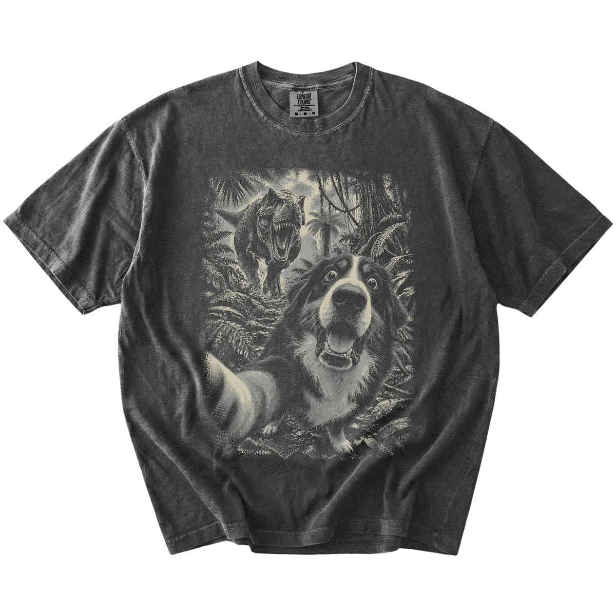 T-Rex Selfie Bernese Mountain Dog Comfort Colors 1717 T-Shirt in Pepper, flat lay