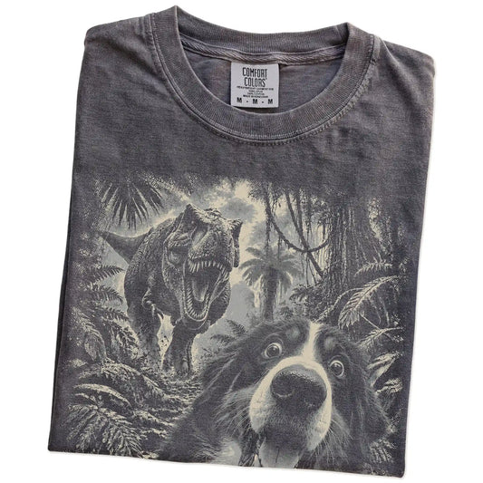 T-Rex Selfie Bernese Mountain Dog Comfort Colors 1717 T-Shirt in Pepper, folded detail