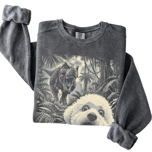 T-Rex Selfie Bichon Frise Comfort Colors 1566 Sweatshirt in Pepper, folded detail