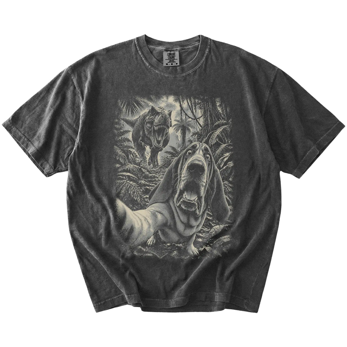 T-Rex Selfie Bloodhound Comfort Colors 1717 T-Shirt in Pepper, flat lay