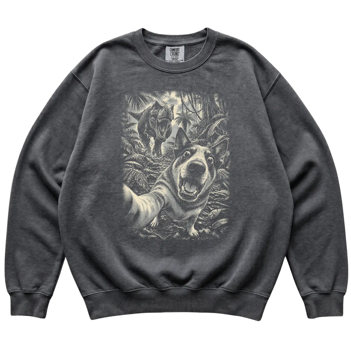 T-Rex Selfie Blue Heeler Comfort Colors 1566 Sweatshirt in Pepper, flat lay