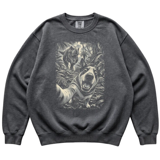 T-Rex Selfie Blue Heeler Comfort Colors 1566 Sweatshirt in Pepper, flat lay