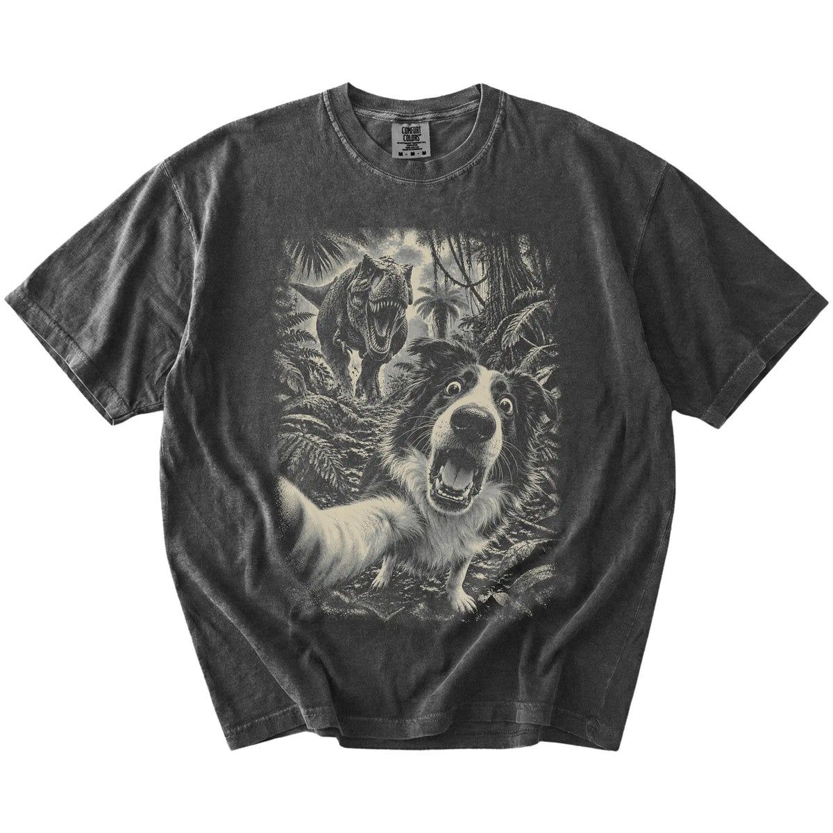 T-Rex Selfie Border Collie Comfort Colors 1717 T-Shirt in Pepper, flat lay