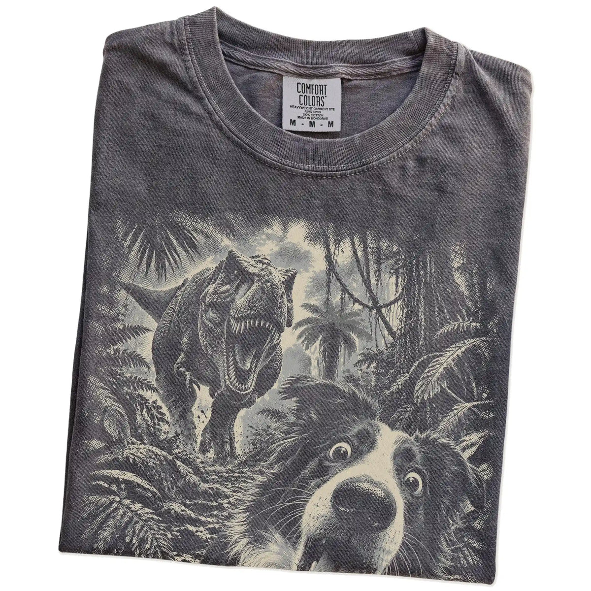 T-Rex Selfie Border Collie Comfort Colors 1717 T-Shirt in Pepper, folded detail