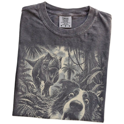 T-Rex Selfie Border Collie Comfort Colors 1717 T-Shirt in Pepper, folded detail